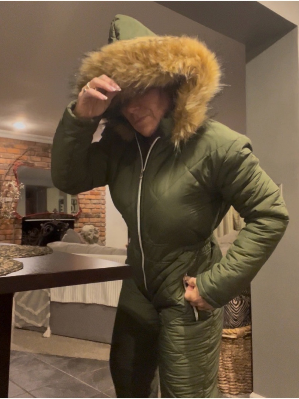 Olive Green Ski Suit Jumpsuit with  Fur Trim Hood Like New Small